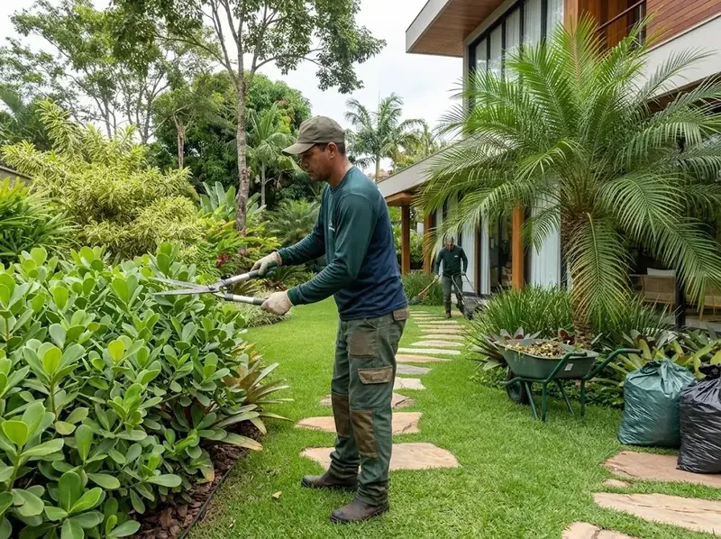 Jardineiro da HM podando arbustos