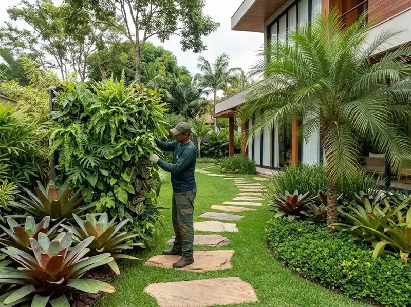 Jardineiro cuidando de uma parede verde