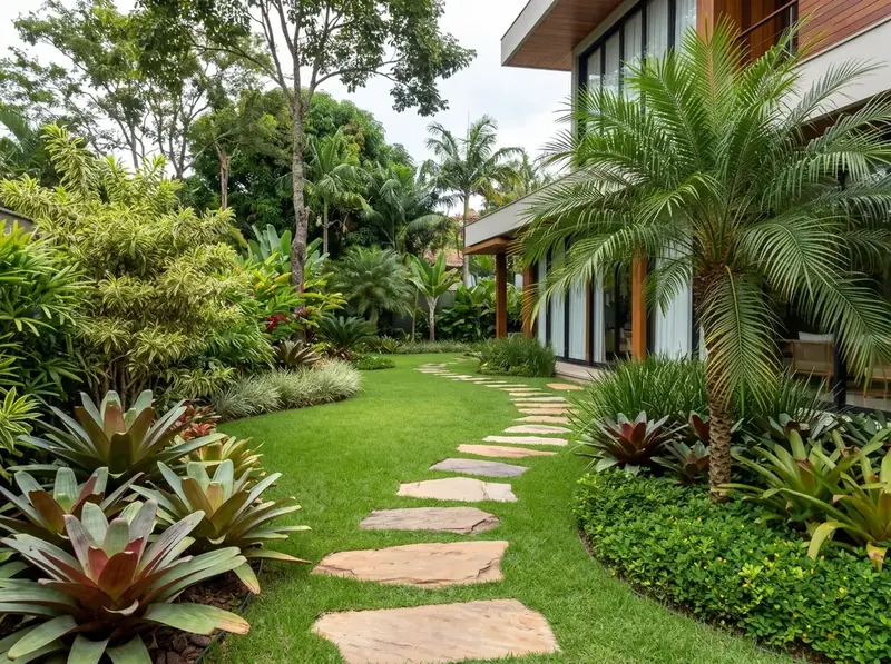 Jardim pronto com caminho de pedras, bromélias e palmeira