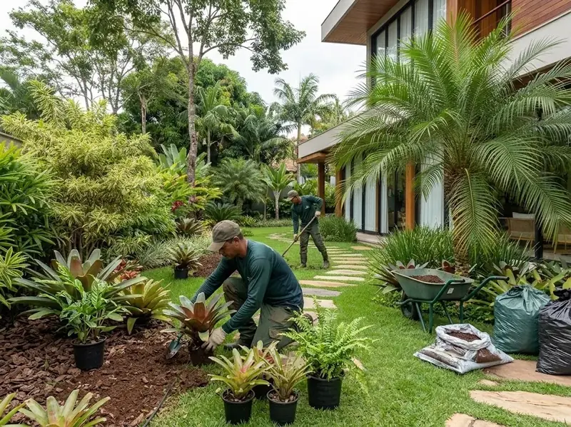 Jardineiro plantando bromélias em canteiro novo