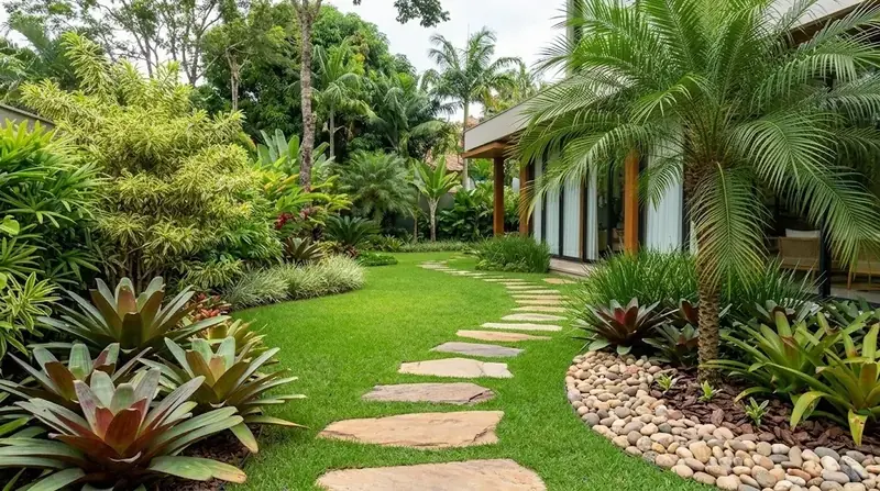 Jardim com mudas replantadas e canteiro de seixos