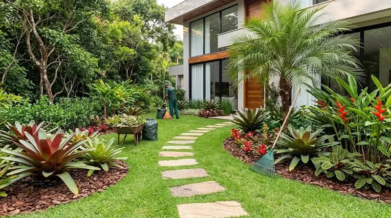 Jardim limpo, com a equipe recolhendo o mato