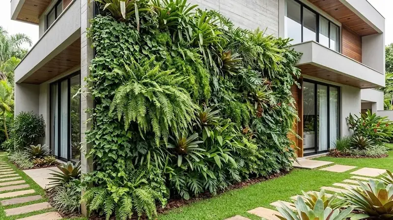 Parede verde com samambaias e heras na fachada de uma casa