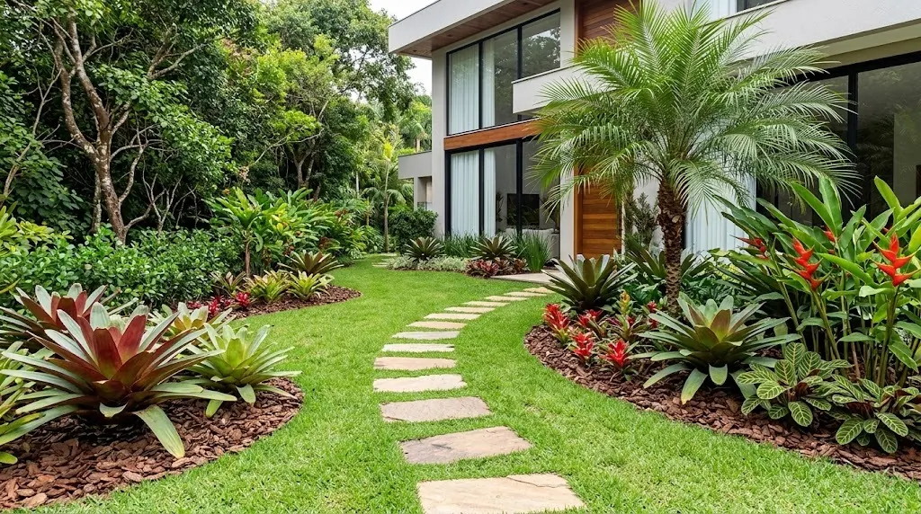 Jardim reformado com caminho de pedras, bromélias e palmeira fênix